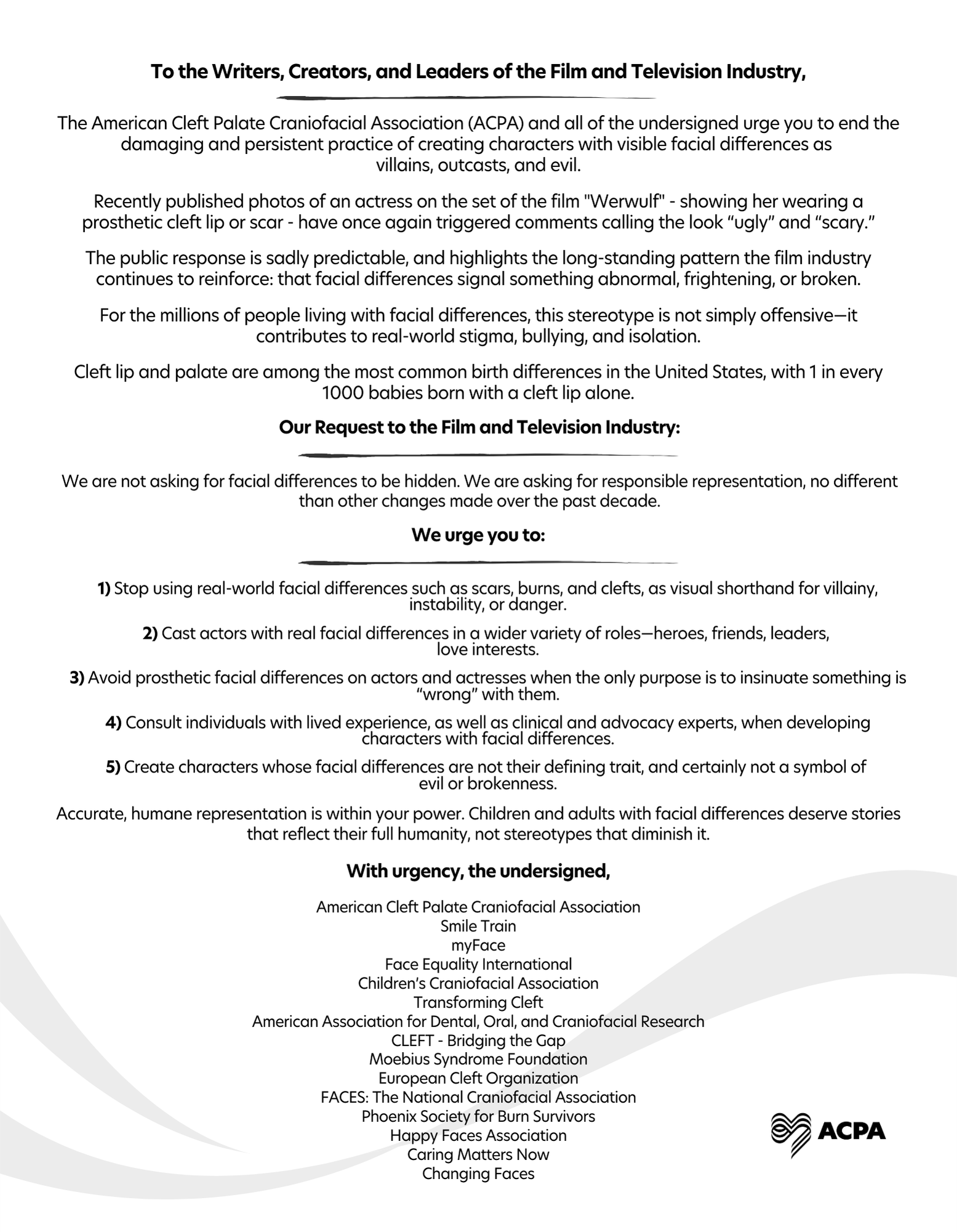 A letter written to Hollywood and the film and television industry